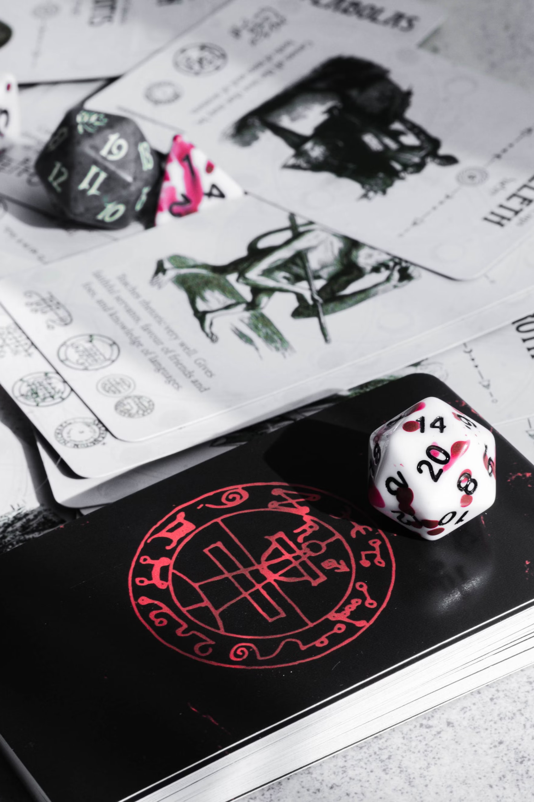 Array of role-playing character cards and dice.